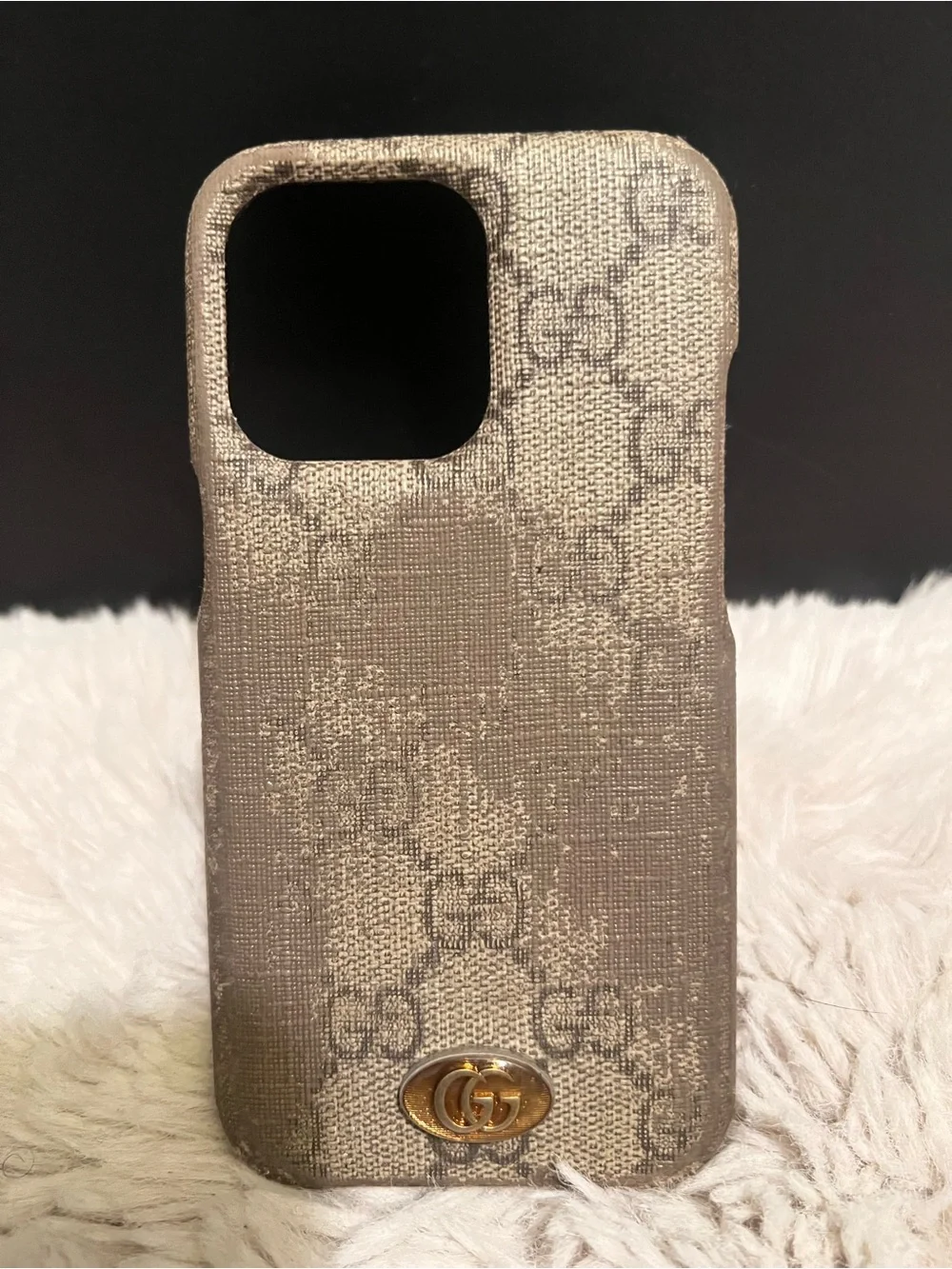 Gucci Beige Monogram Phone Case with Gold Double G Accent